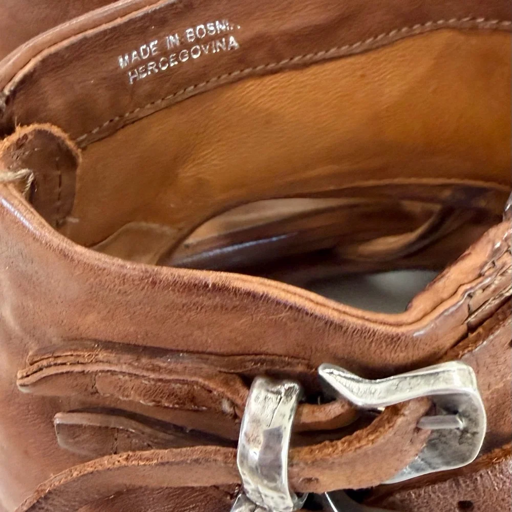 A.S.98 Women Distressed Cognac Leather Western Bootie Buckle Detail - Size 10